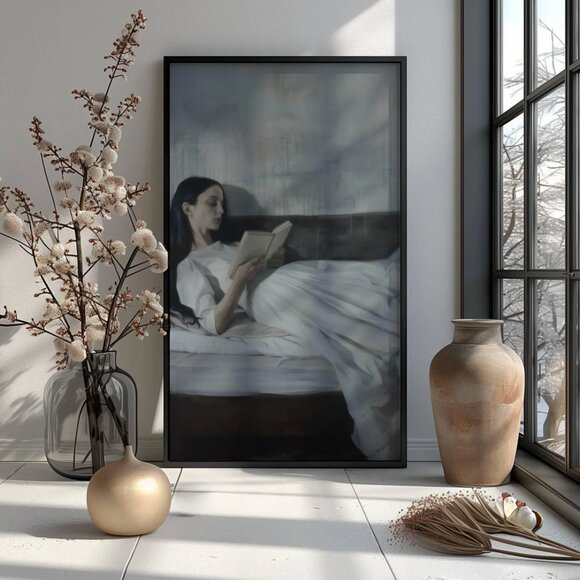 Original Dark Literary Art Print + Digital Copy,  Dreamy  Woman Reading - Picture 3 of 11